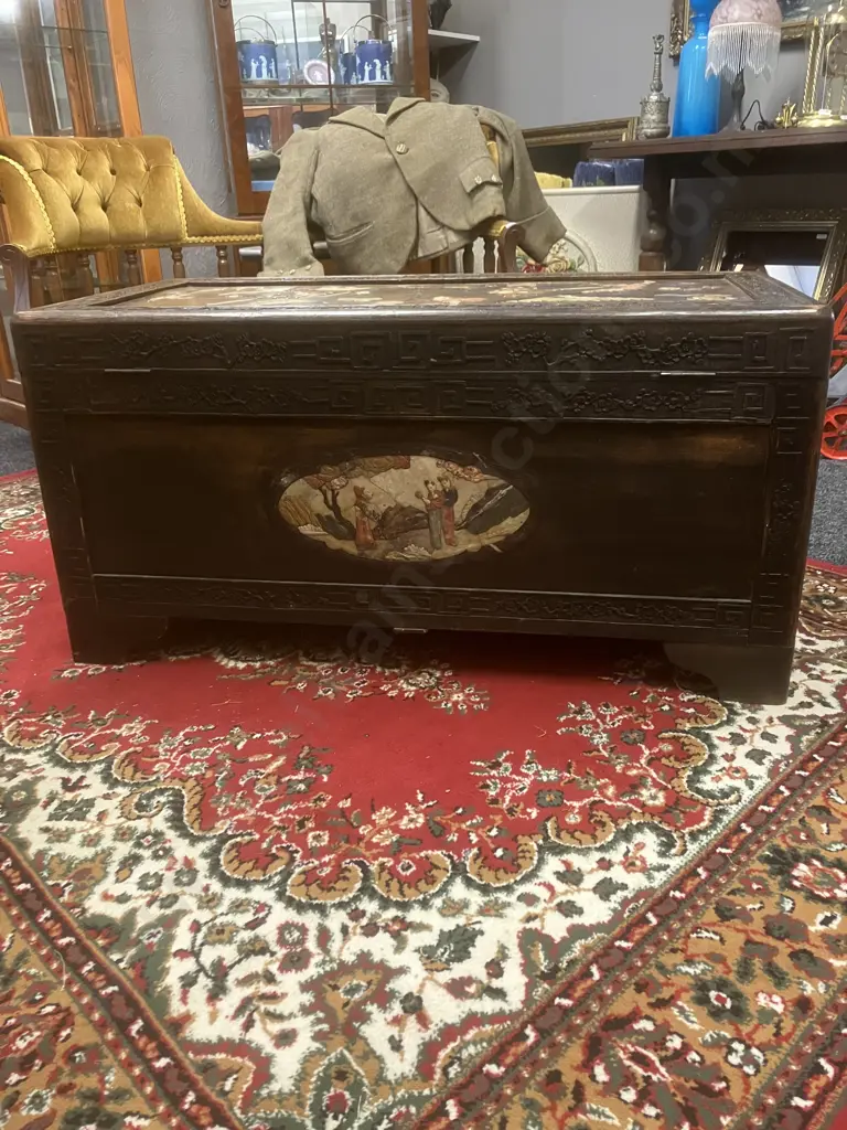Stunning Antique c1920s Chinese Oriental Camphor Wood Chest With Inlaid Coloured Soapstone Relief Scenes. H52 L113 W52cm Image 1++