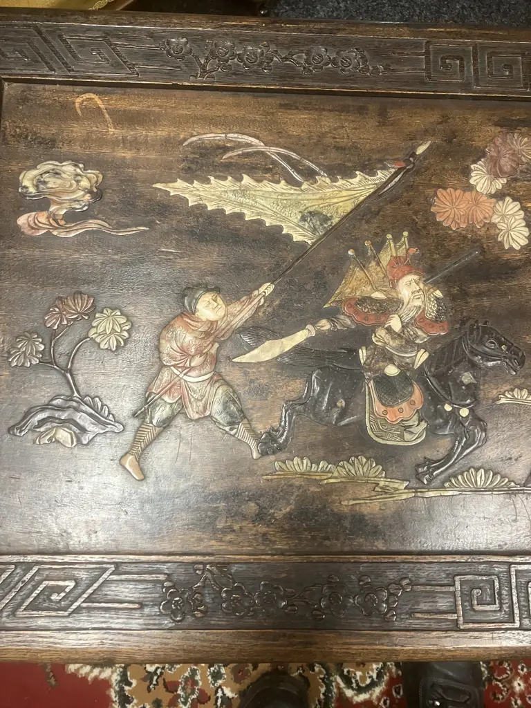 Stunning Antique c1920s Chinese Oriental Camphor Wood Chest With Inlaid Coloured Soapstone Relief Scenes. H52 L113 W52cm Image 1++