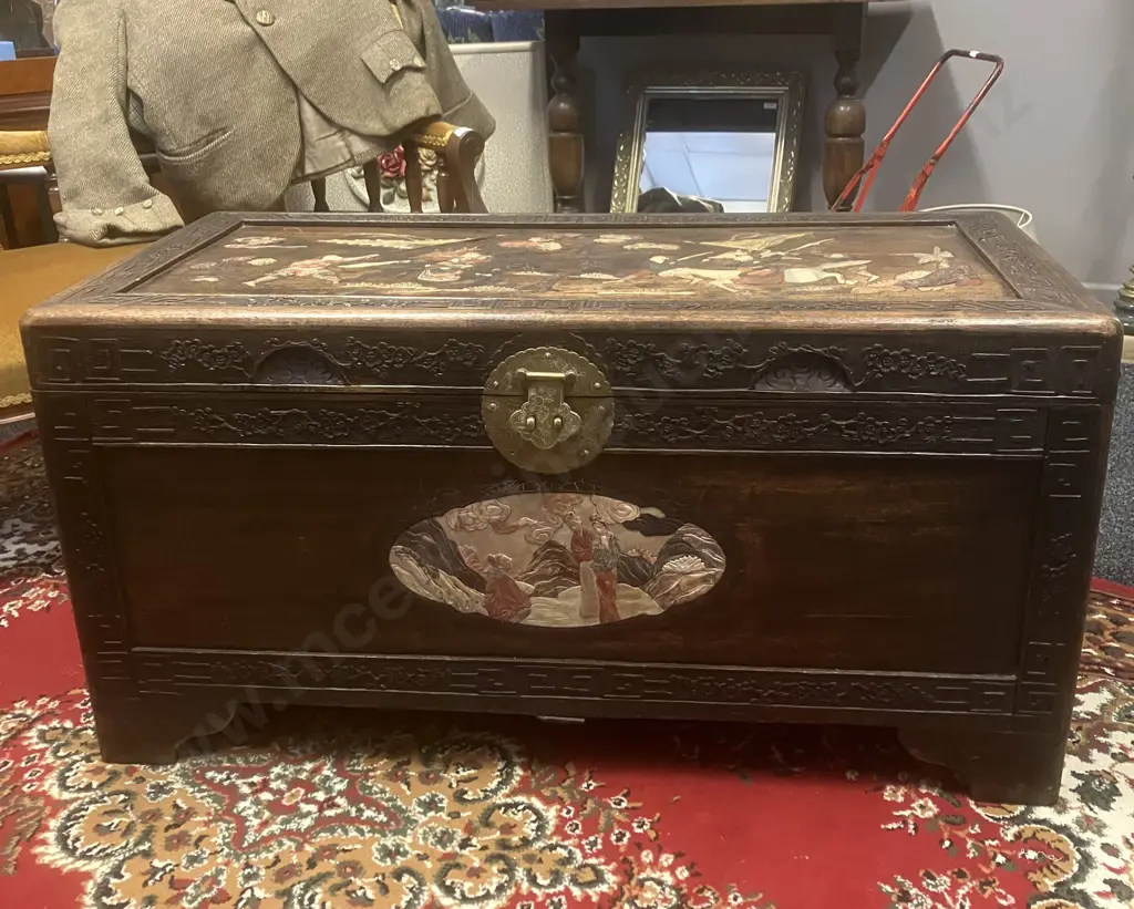 Stunning Antique c1920s Chinese Oriental Camphor Wood Chest With Inlaid Coloured Soapstone Relief Scenes. H52 L113 W52cm Image 1++