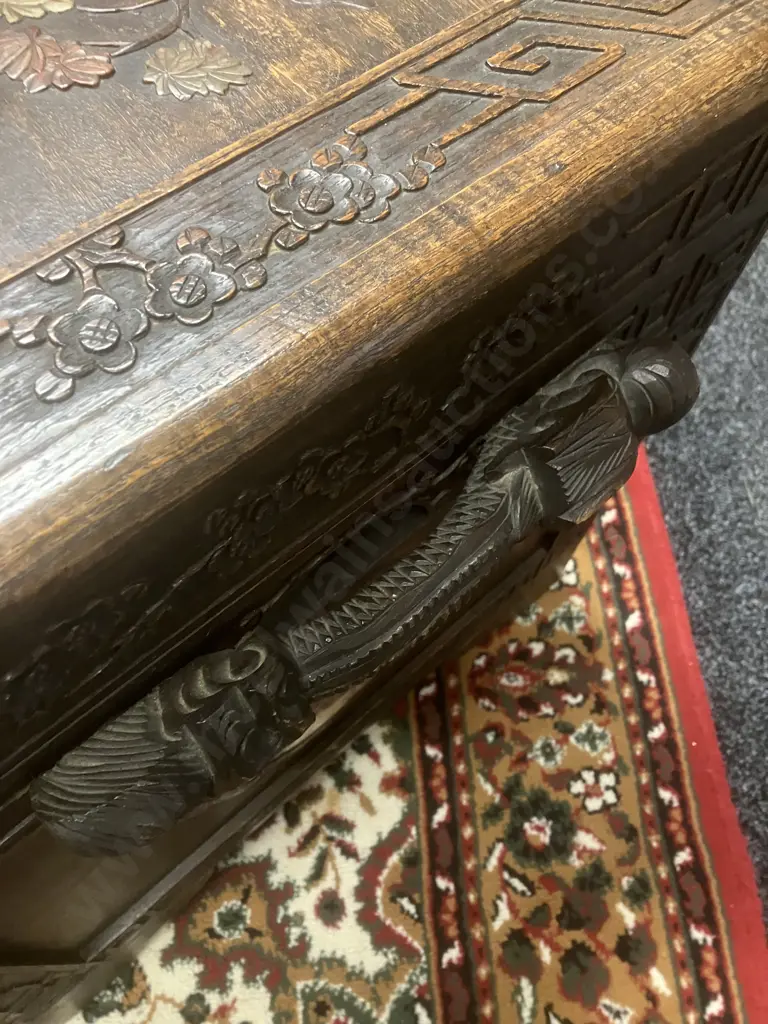 Stunning Antique c1920s Chinese Oriental Camphor Wood Chest With Inlaid Coloured Soapstone Relief Scenes. H52 L113 W52cm Image 1++
