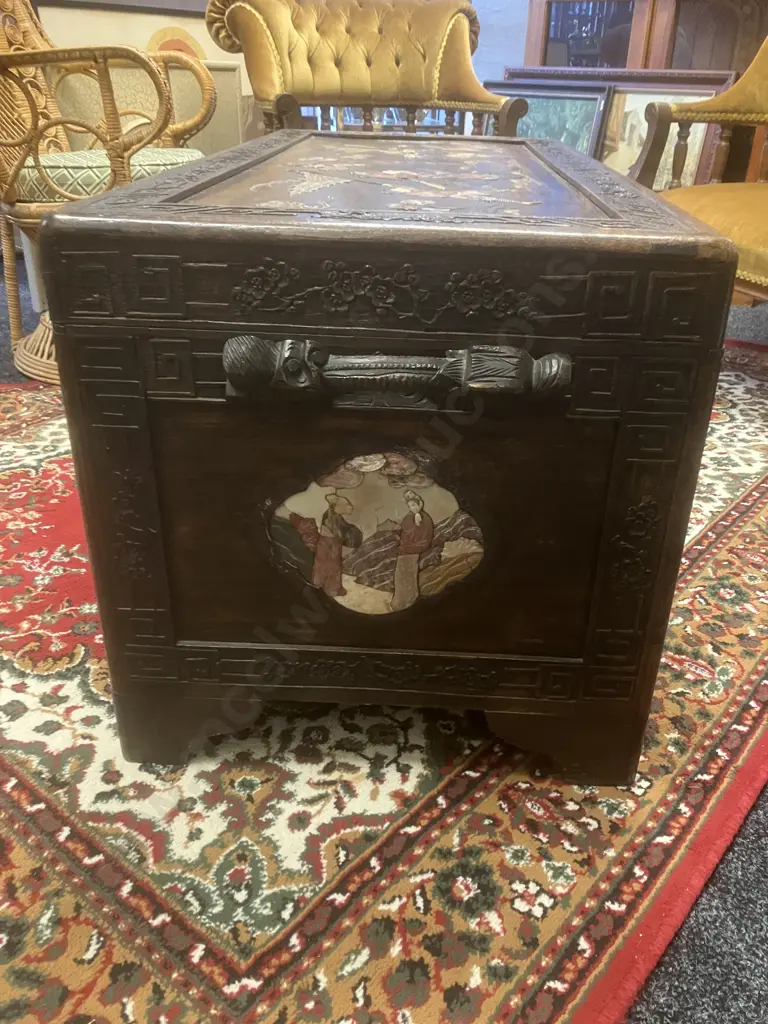 Stunning Antique c1920s Chinese Oriental Camphor Wood Chest With Inlaid Coloured Soapstone Relief Scenes. H52 L113 W52cm Image 1++