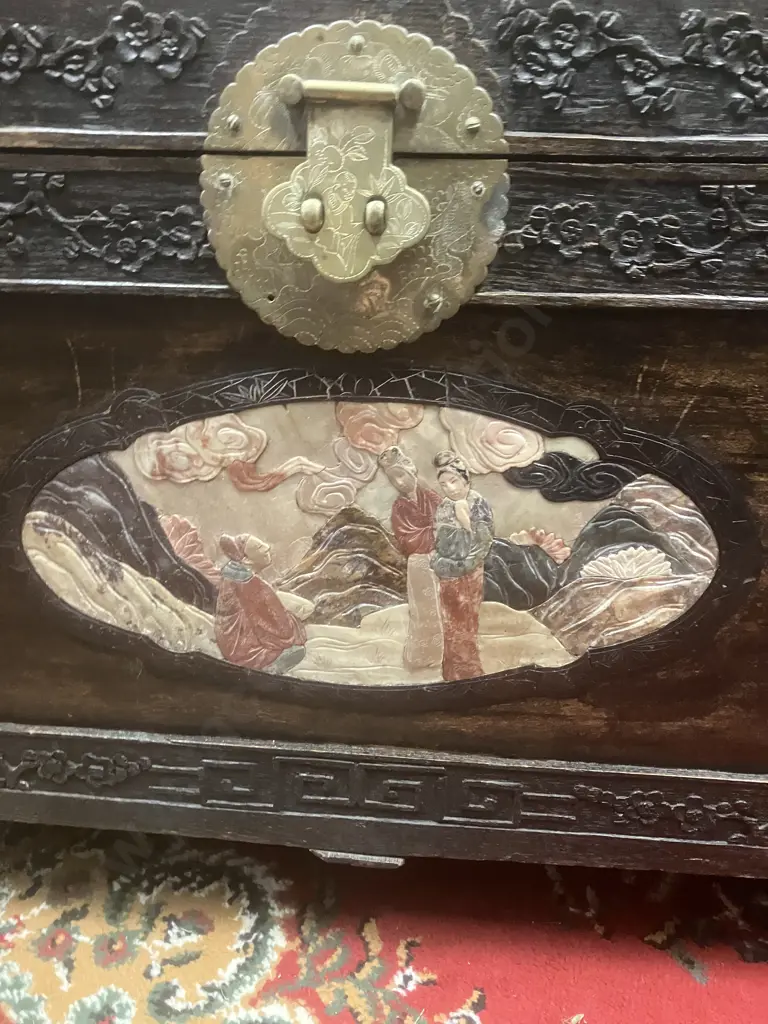Stunning Antique c1920s Chinese Oriental Camphor Wood Chest With Inlaid Coloured Soapstone Relief Scenes. H52 L113 W52cm Image 1++
