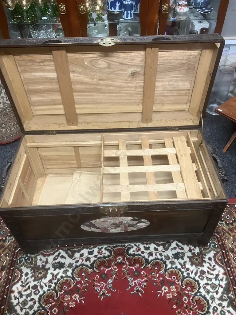 Stunning Antique c1920s Chinese Oriental Camphor Wood Chest With Inlaid Coloured Soapstone Relief Scenes. H52 L113 W52cm Image 1++