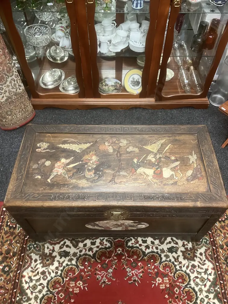 Stunning Antique c1920s Chinese Oriental Camphor Wood Chest With Inlaid Coloured Soapstone Relief Scenes. H52 L113 W52cm Image 1++