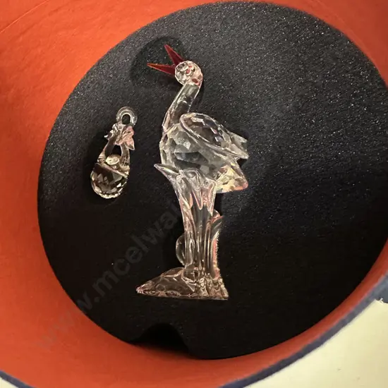 Swarovski Crystal Stork With Baby Figurine #659401 'Cheerful Times' Theme (2004-2008), (Boxed With COA)