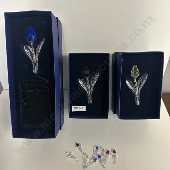 Swarovski Crystal SCS Membership Renewal Tulips- Blue, Red, Yellow (2002-2004) Original Boxes & Nine Mini Tulips