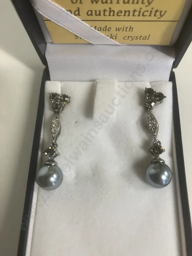 Vintage Art de France Swarovski & Dark Pearl Drop Pierced Earrings With Case & COA Image 1++