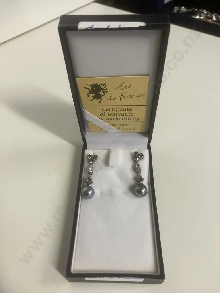 Vintage Art de France Swarovski & Dark Pearl Drop Pierced Earrings With Case & COA Image 1++