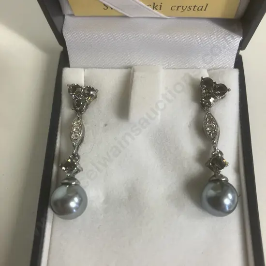 Vintage Art de France Swarovski & Dark Pearl Drop Pierced Earrings With Case & COA