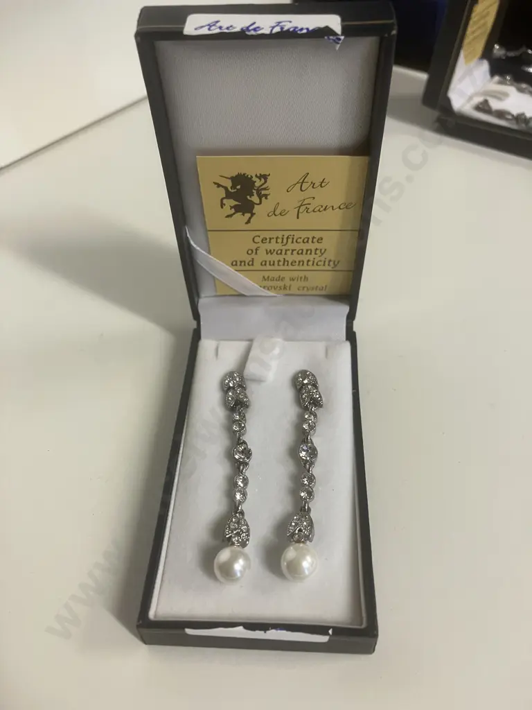 Vintage Art de France Swarovski & Pearl Drop Pierced Earrings With Case & COA Image 1++