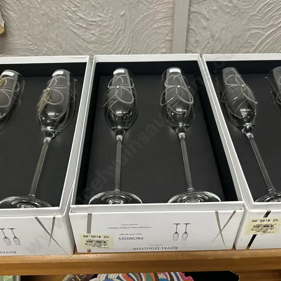 Set Of Six Royal Doulton Many Happy Returns Toasting Champagne  Flutes With Swarovski Detail