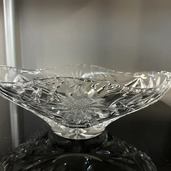 Vintage Crystal Boat Shaped Centerpiece Bowl Sunflower Cut Design H11 W32cm.