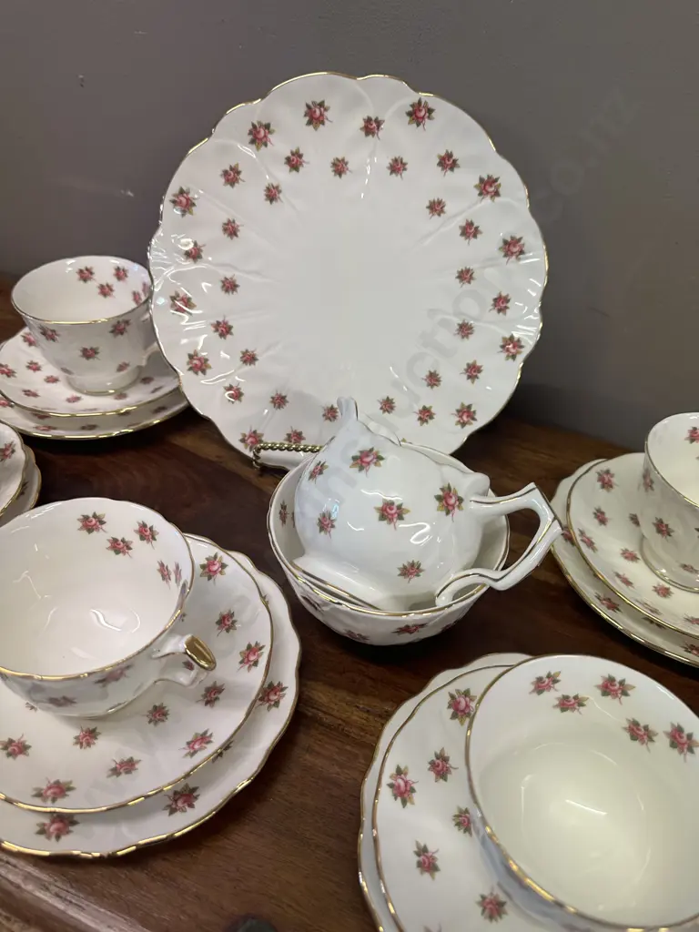 Vintage Aynsley 'Rosedale' Tea Set White/Pink Floral Scalloped Edge Image 1++