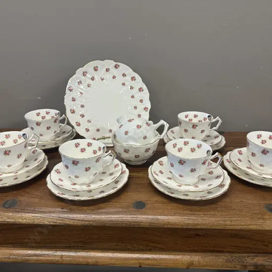 Vintage Aynsley 'Rosedale' Tea Set White/Pink Floral Scalloped Edge
