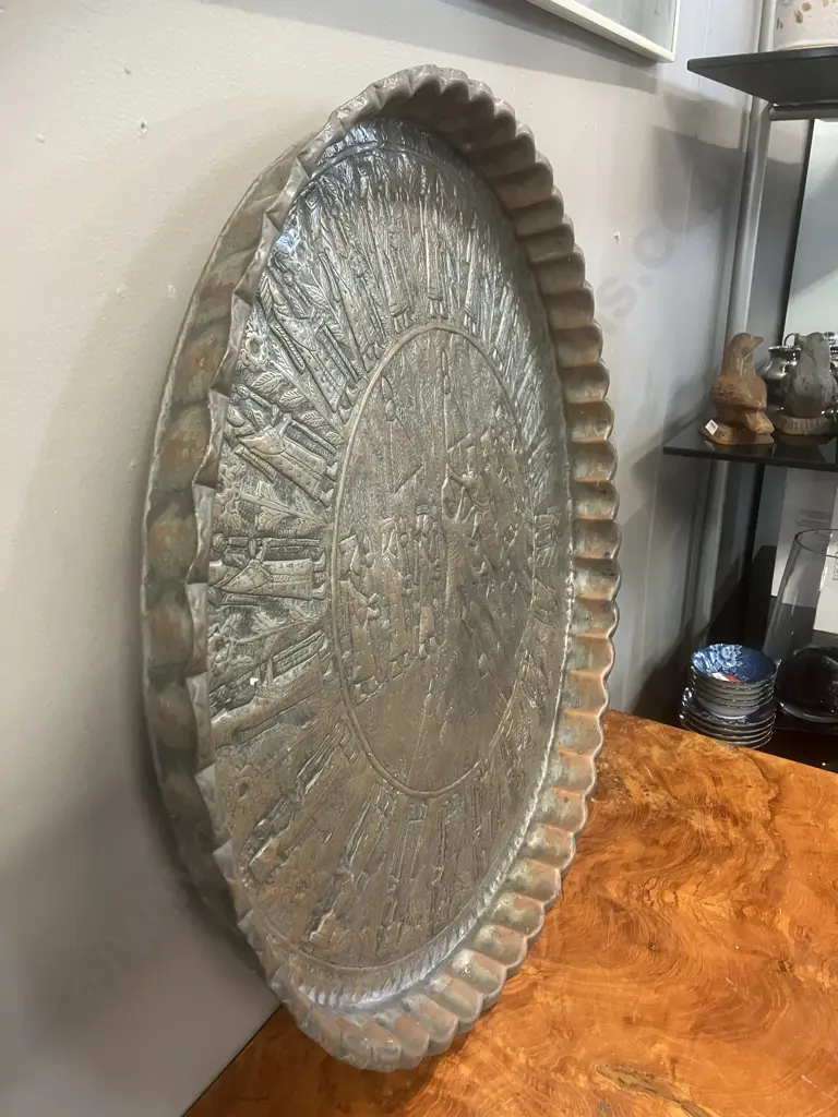 Antique Persian Tinned Copper Tray With Engraved Court Figures. 63 x 5cm (Able to Be Hung) Image 1++