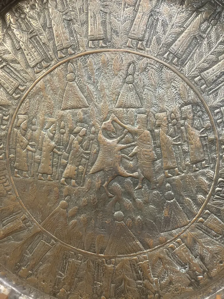 Antique Persian Tinned Copper Tray With Engraved Court Figures. 63 x 5cm (Able to Be Hung) Image 1++