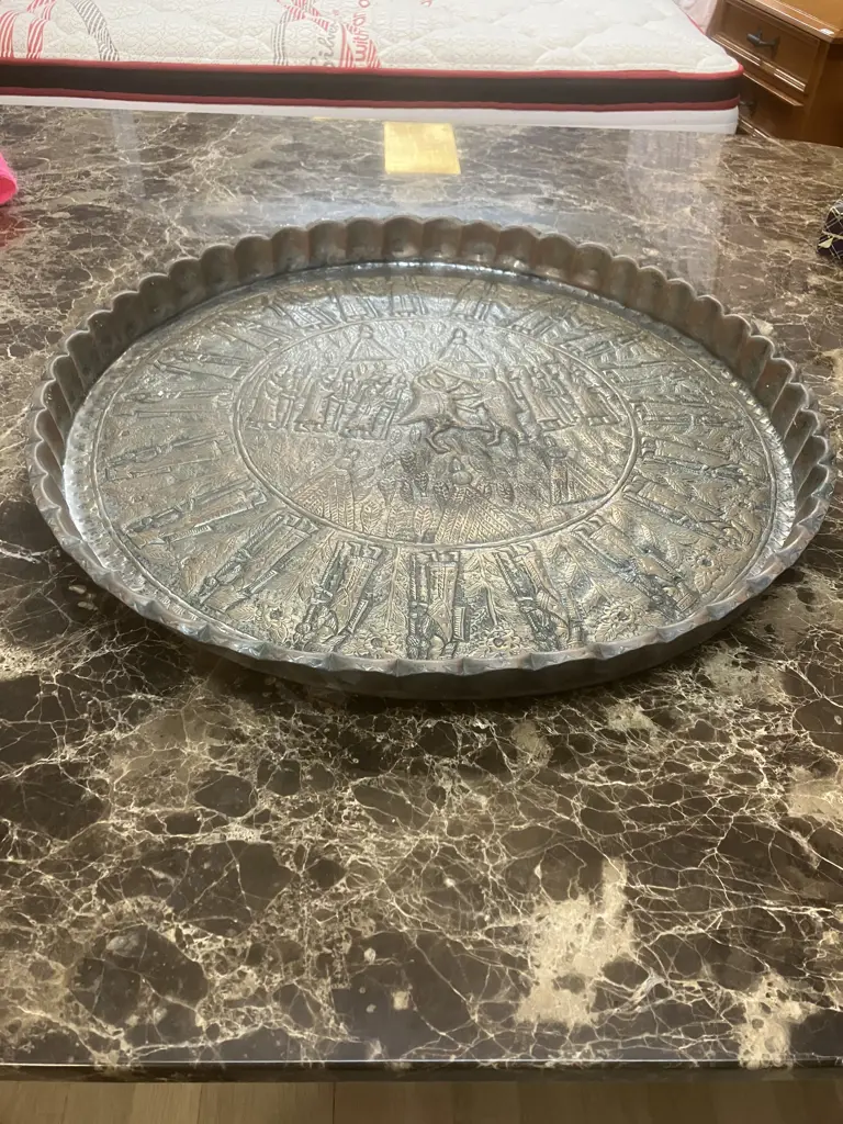 Antique Persian Tinned Copper Tray With Engraved Court Figures. 63 x 5cm (Able to Be Hung) Image 1++