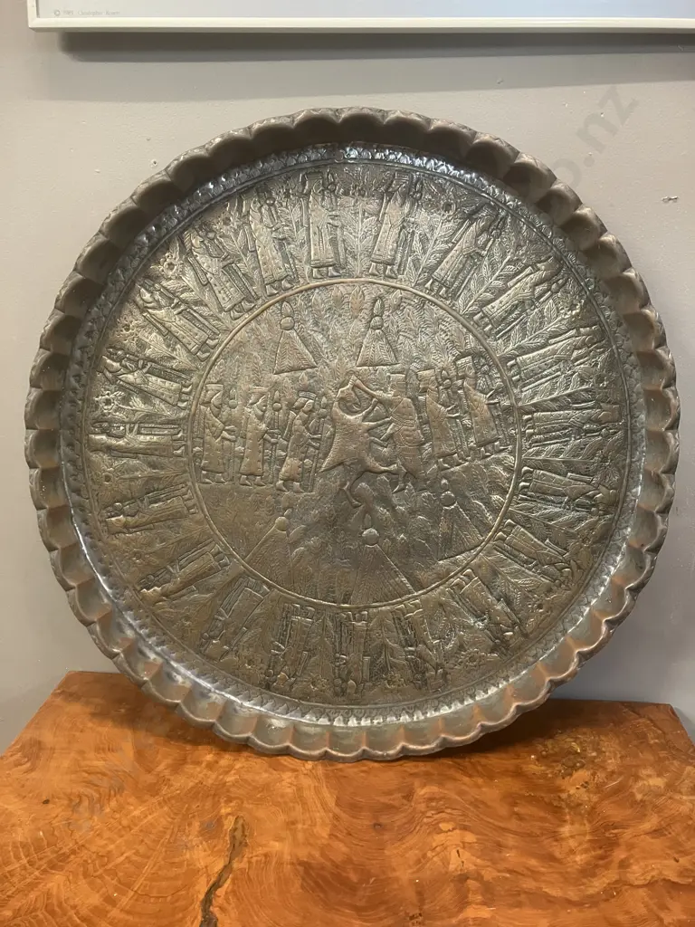 Antique Persian Tinned Copper Tray With Engraved Court Figures. 63 x 5cm (Able to Be Hung) Image 1++