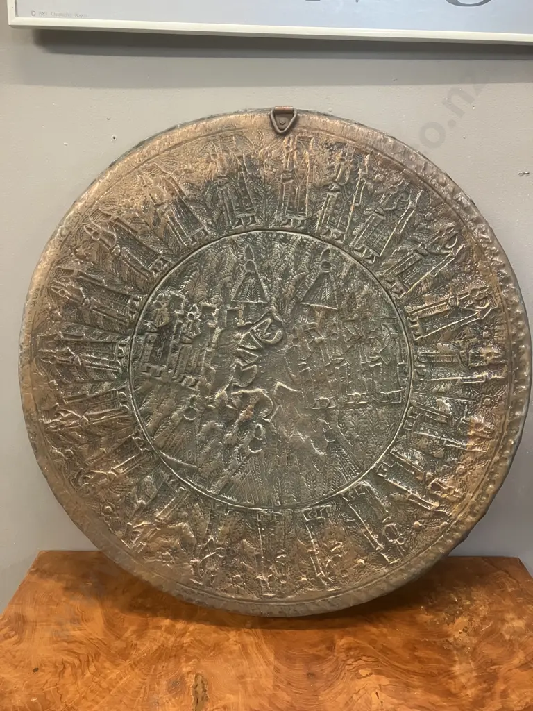 Antique Persian Tinned Copper Tray With Engraved Court Figures. 63 x 5cm (Able to Be Hung) Image 1++