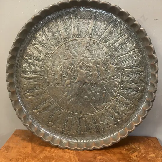 Antique Persian Tinned Copper Tray With Engraved Court Figures. 63 x 5cm (Able to Be Hung)