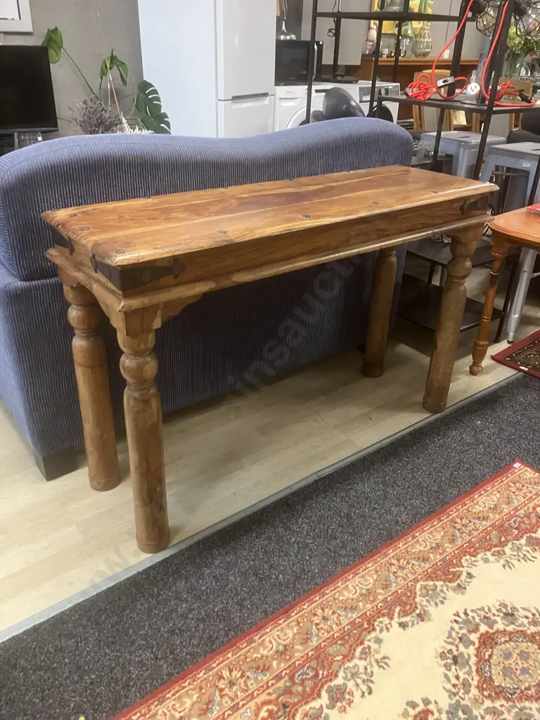Indian Teak Console Table With Steel Corner Supports & Domed Detailing. H77 W120 D40cm Image 1++