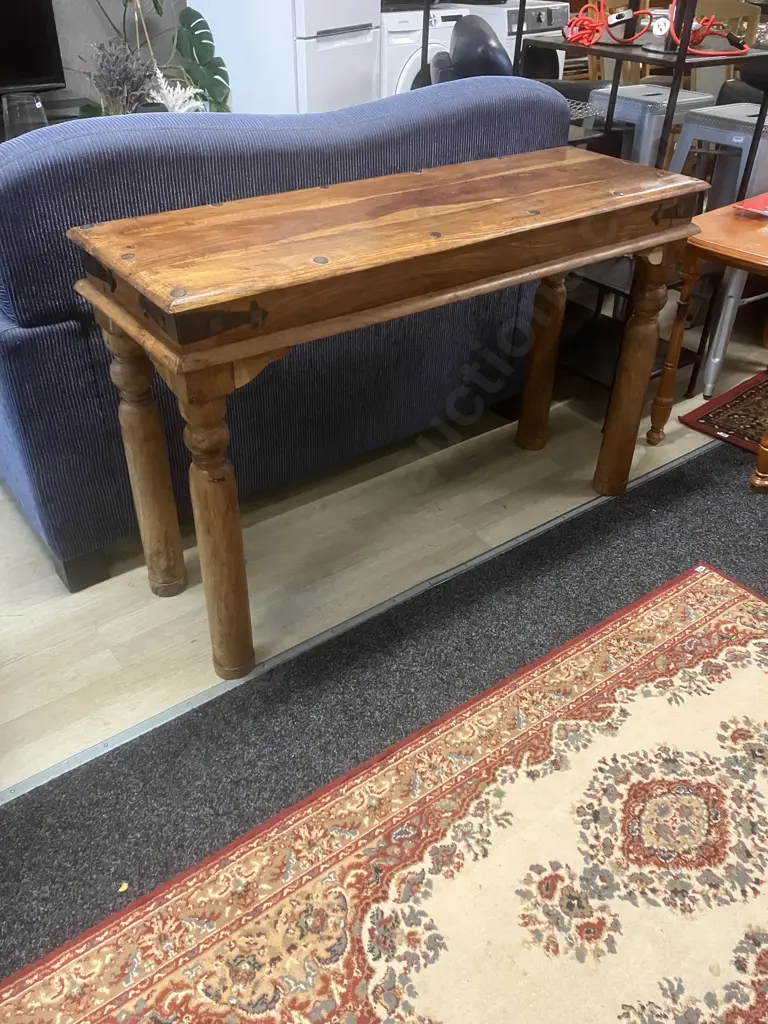 Indian Teak Console Table With Steel Corner Supports & Domed Detailing. H77 W120 D40cm Image 1++