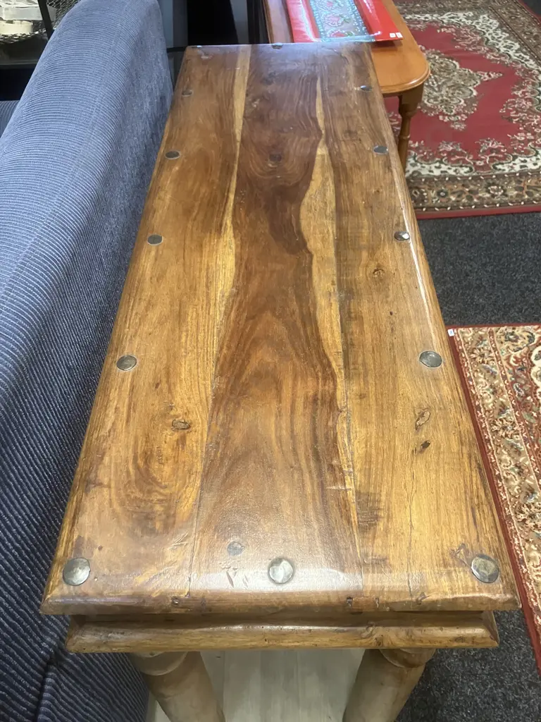 Indian Teak Console Table With Steel Corner Supports & Domed Detailing. H77 W120 D40cm Image 1++