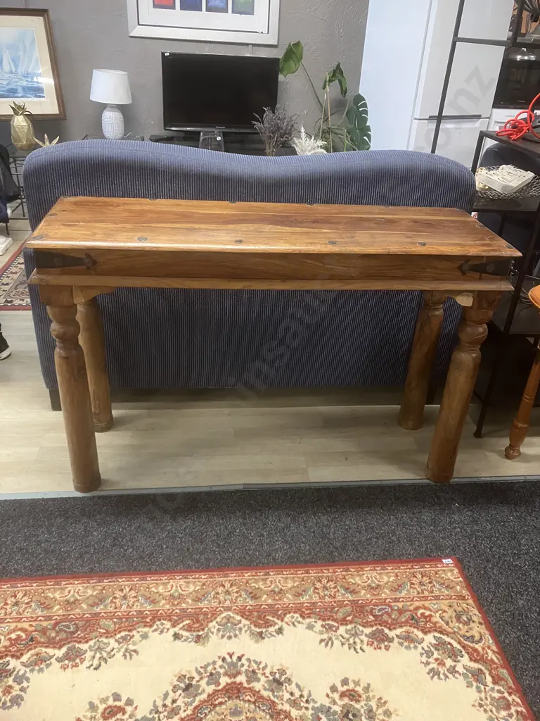 Indian Teak Console Table With Steel Corner Supports & Domed Detailing. H77 W120 D40cm Image 1++