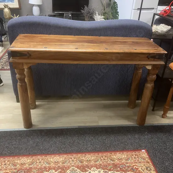 Indian Teak Console Table With Steel Corner Supports & Domed Detailing. H77 W120 D40cm