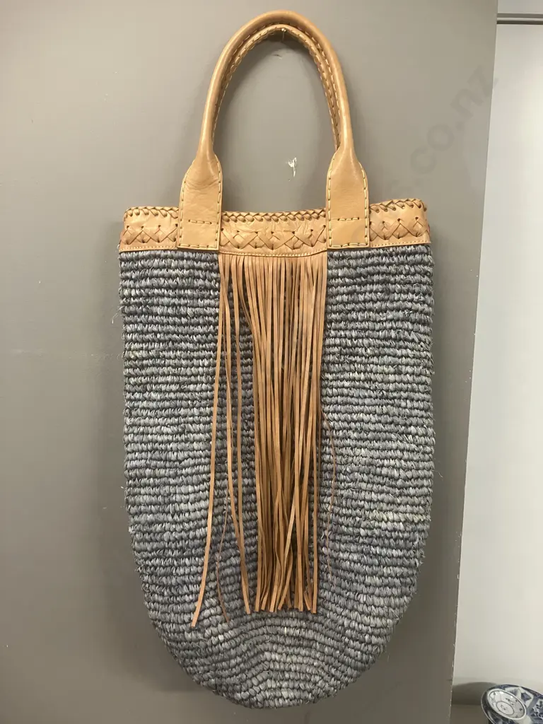 Woven Beach Bag With Leather Top & Handles Image 1++