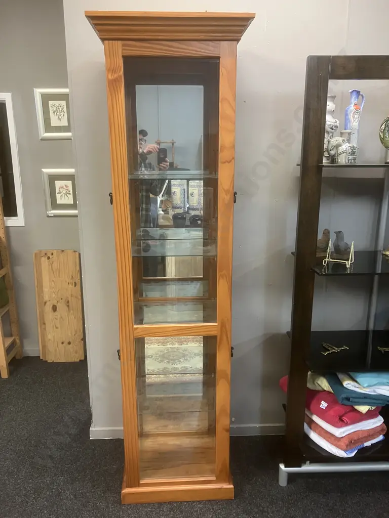 Pine Mirror Backed Display Cabinet With Black Steel Ring Handles, 4 Door, Glass Shelves. H196 W56 D41.5cm Image 1++