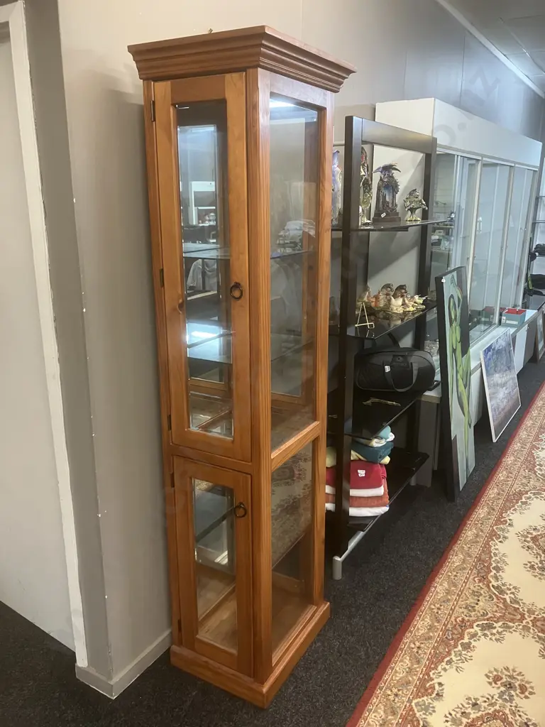 Pine Mirror Backed Display Cabinet With Black Steel Ring Handles, 4 Door, Glass Shelves. H196 W56 D41.5cm Image 1++