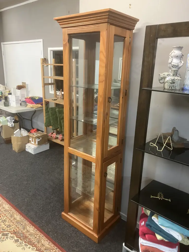 Pine Mirror Backed Display Cabinet With Black Steel Ring Handles, 4 Door, Glass Shelves. H196 W56 D41.5cm Image 1++