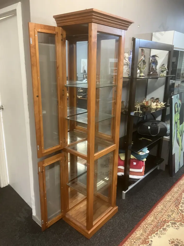 Pine Mirror Backed Display Cabinet With Black Steel Ring Handles, 4 Door, Glass Shelves. H196 W56 D41.5cm Image 1++