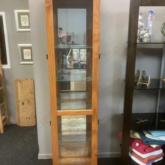 Pine Mirror Backed Display Cabinet With Black Steel Ring Handles, 4 Door, Glass Shelves. H196 W56 D41.5cm