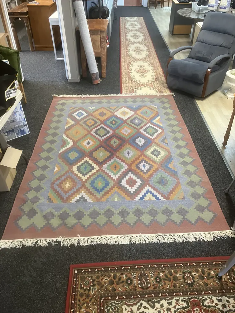 Handwoven Wool Jute Kilim Floor Rug With Abstract Geometric Pattern. 240 x 179cm Image 1++