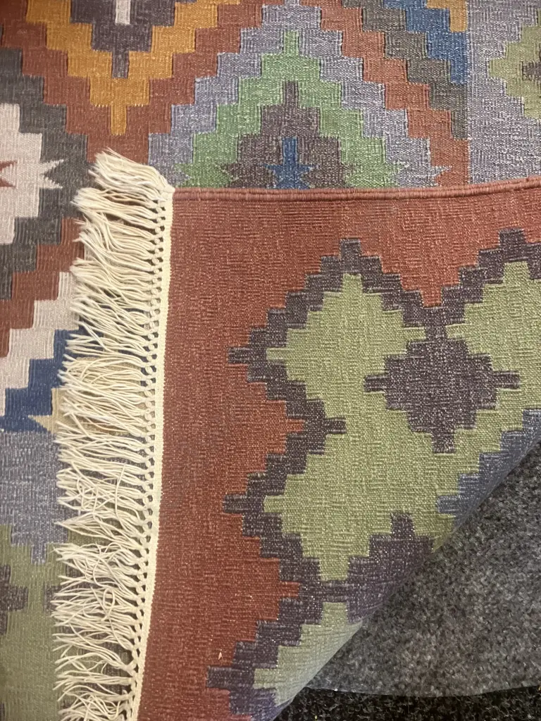 Handwoven Wool Jute Kilim Floor Rug With Abstract Geometric Pattern. 240 x 179cm Image 1++