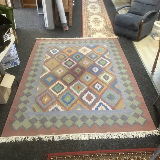 Handwoven Wool Jute Kilim Floor Rug With Abstract Geometric Pattern. 240 x 179cm