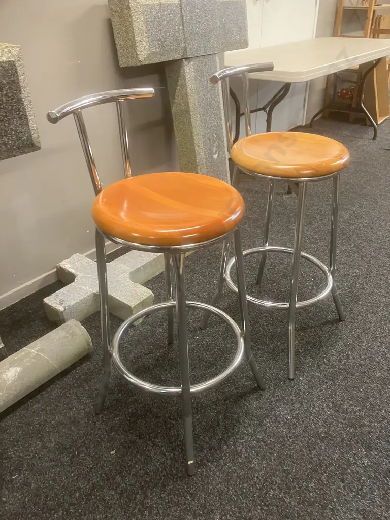 Pair of Kitchen Barstools, Round Wooden Seat, Chrome Mid Back & 4 Leg Base. H89cm Image 1++