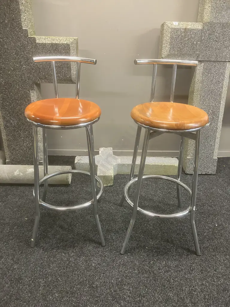 Pair of Kitchen Barstools, Round Wooden Seat, Chrome Mid Back & 4 Leg Base. H89cm Image 1++