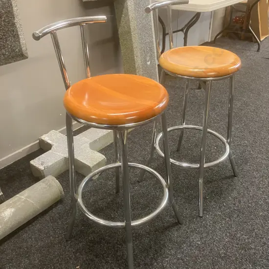 Pair of Kitchen Barstools, Round Wooden Seat, Chrome Mid Back & 4 Leg Base. H89cm