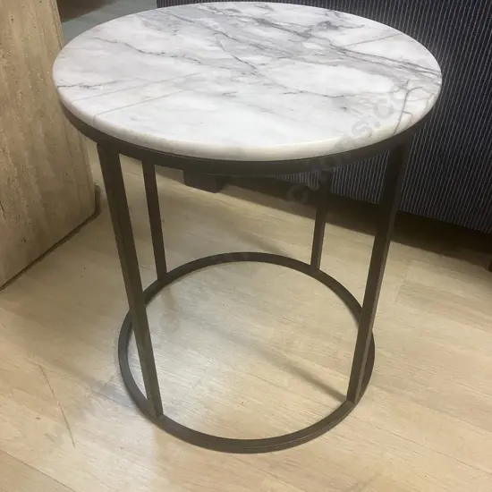 Round Marble Topped Side Table On Black Steel Frame. 50.5 x 45cm