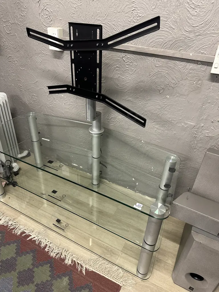 Krista + Stone Glass & Brushed Aluminum 3 Tier TV / Media Stand With Swivel TV Mount (Up to 55"). H113 W119 D55cm Image 1++