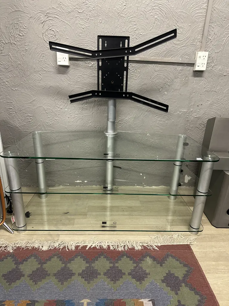 Krista + Stone Glass & Brushed Aluminum 3 Tier TV / Media Stand With Swivel TV Mount (Up to 55"). H113 W119 D55cm Image 1++