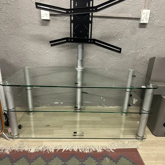 Krista + Stone Glass & Brushed Aluminum 3 Tier TV / Media Stand With Swivel TV Mount (Up to 55"). H113 W119 D55cm
