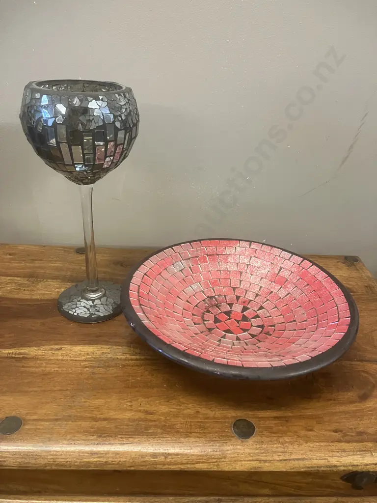 Mosaic Glass Candle Holder & Mosaic Bowl Image 1++