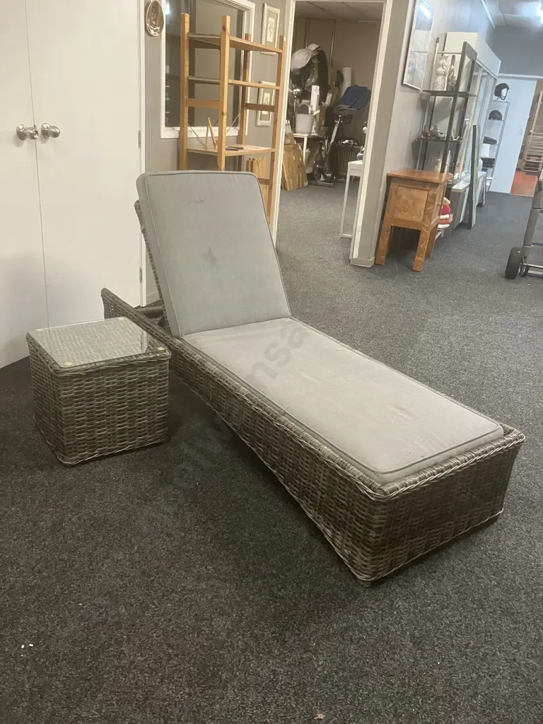 PU Rattan Sun Lounger With Small Glass Top Cube Side Table. 199 x 69cm Image 1++