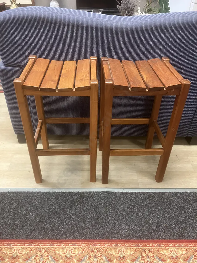 Teak Barstools With Slatted Curved Seats. H68 W37 & 39 D34.5cm Image 1++