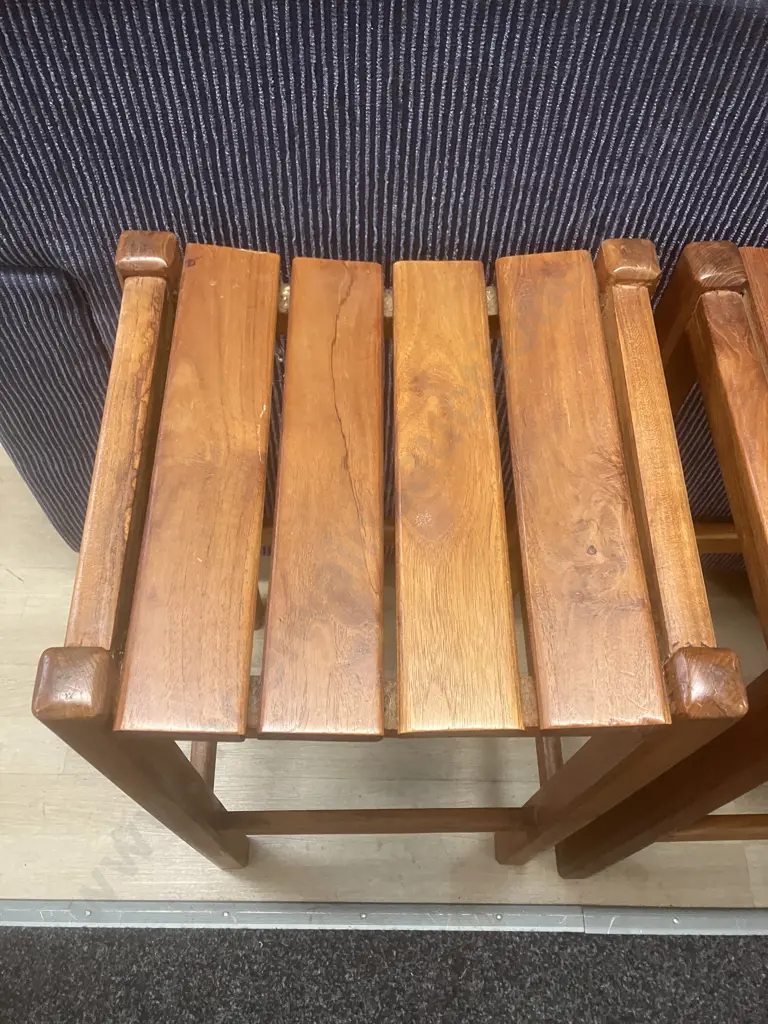 Teak Barstools With Slatted Curved Seats. H68 W37 & 39 D34.5cm Image 1++