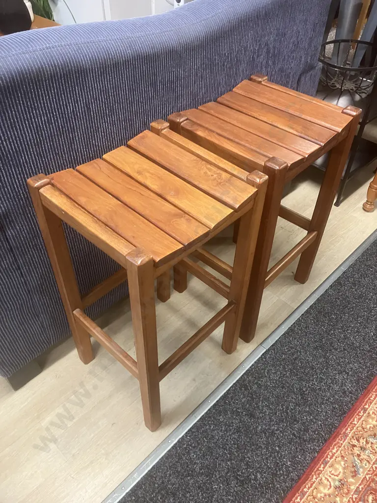 Teak Barstools With Slatted Curved Seats. H68 W37 & 39 D34.5cm Image 1++